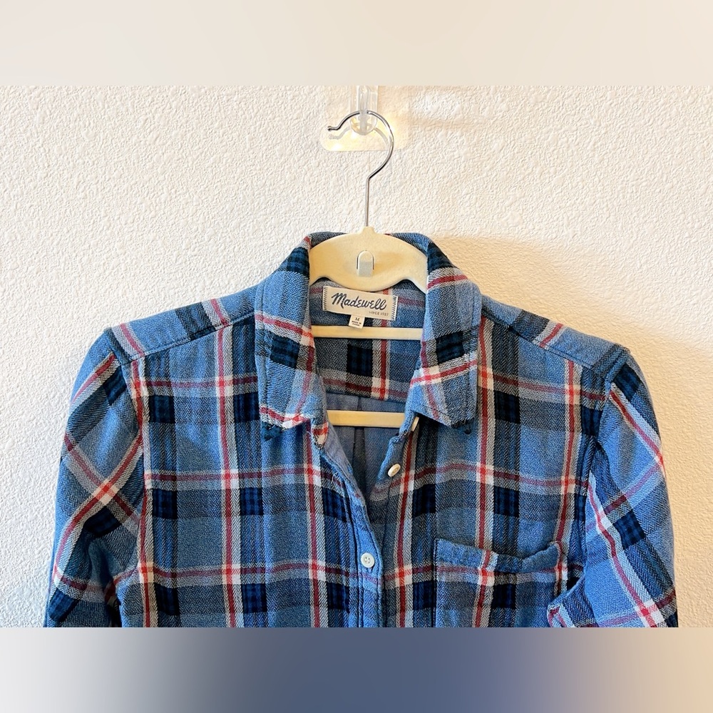 MADEWELL, Long-Sleeve Straight-Hem Button-Up, Blue Plaid, Flannel, Women's MED - Picture 4 of 10